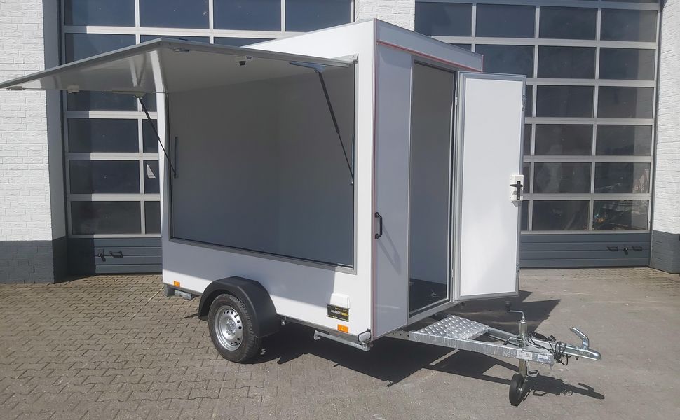 trailershop.de Verkaufsanhänger TFS Multi VK 250.01 250x150x200cm Verkaufsklappe Tür 230V Strom 750kg 100kmH A